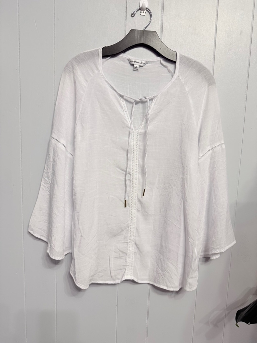 Counterparts White Tie Front Boho Tunic Top Flare 3/4 Sleeve Small Lightweight